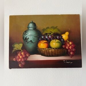 Vintage Original Painting Art 12”x16” Still Life Fruits Basket Jar Framed Signed